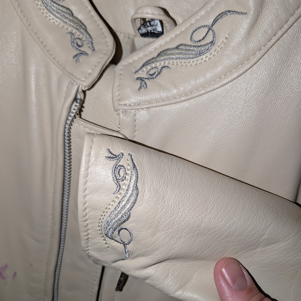 Elegant Cream Leather Jacket with Embroidered Details